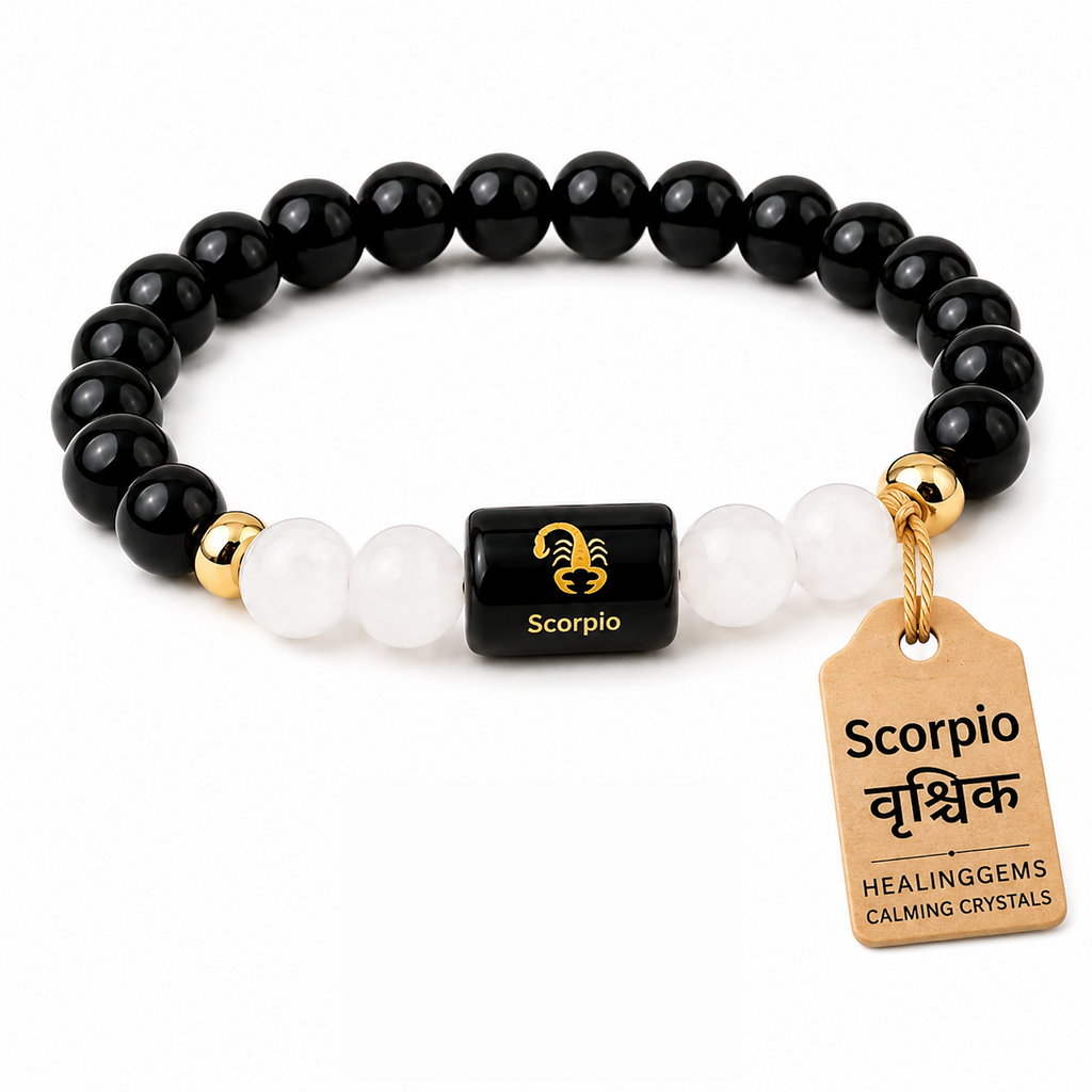 Scorpio (वृश्चिक राशि) Zodiac Black Obsidian & Milky Quartz Bracelet || 𝟮𝟯 𝗢𝗰𝘁 – 𝟮𝟭 𝗡𝗼𝘃 ||