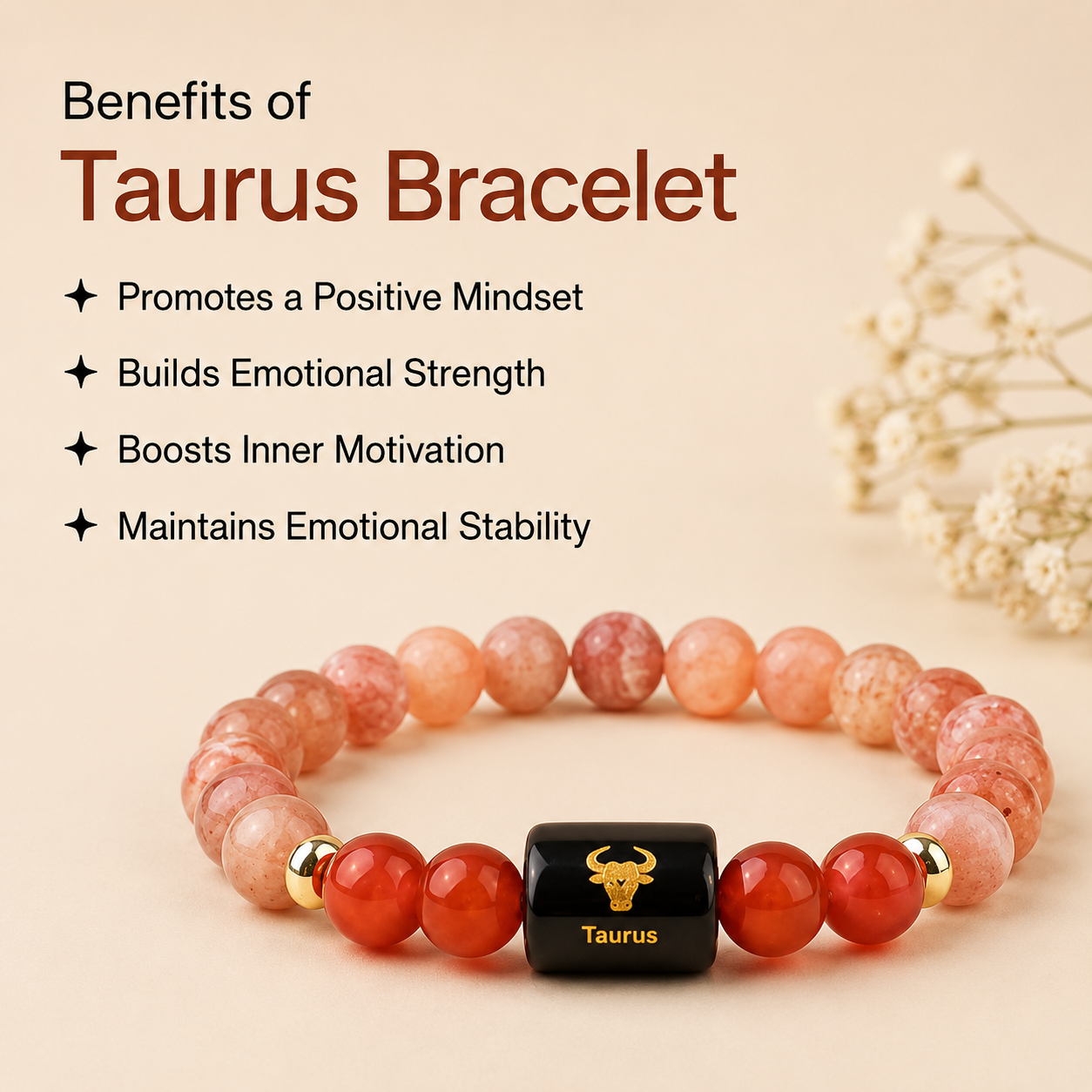Taurus (वृषभ राशि) Zodiac Sunstone & Carnelian Bracelet || 𝟮𝟬 𝗔𝗽𝗿 – 𝟮𝟬 𝗠𝗮𝘆 ||