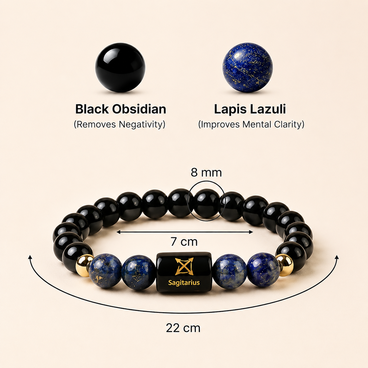Sagittarius (धनु राशि) Zodiac Black Obsidian & Lapis Lazuli Bracelet || 𝟮𝟮 𝗡𝗼𝘃 – 𝟮𝟭 𝗗𝗲𝗰 ||