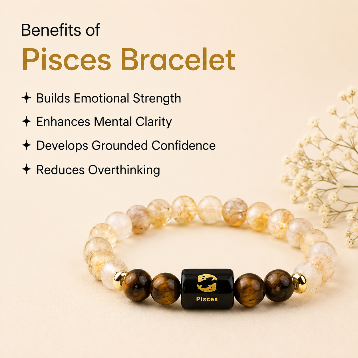 Pisces (मीन राशि) Zodiac Citrine & Tiger Eye Bracelet || 𝟭𝟵 𝗙𝗲𝗯 – 𝟮𝟬 𝗠𝗮𝗿 ||