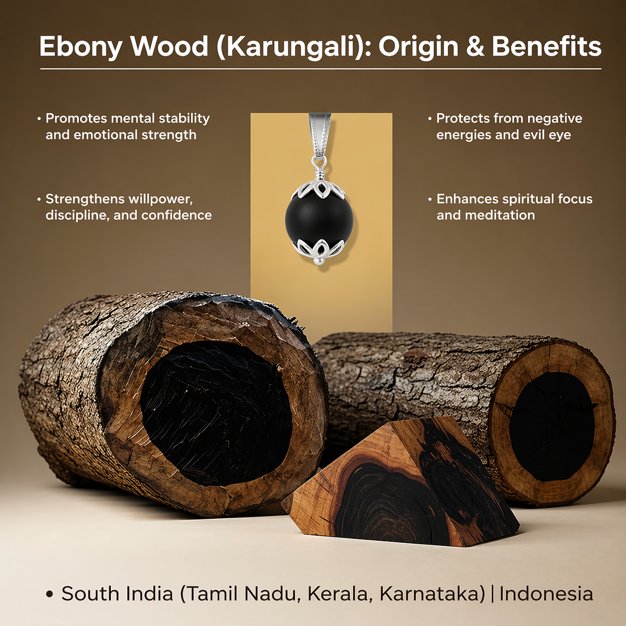 Silver Capped Karungali Malai with Om Trishul Pendant | HealingGems