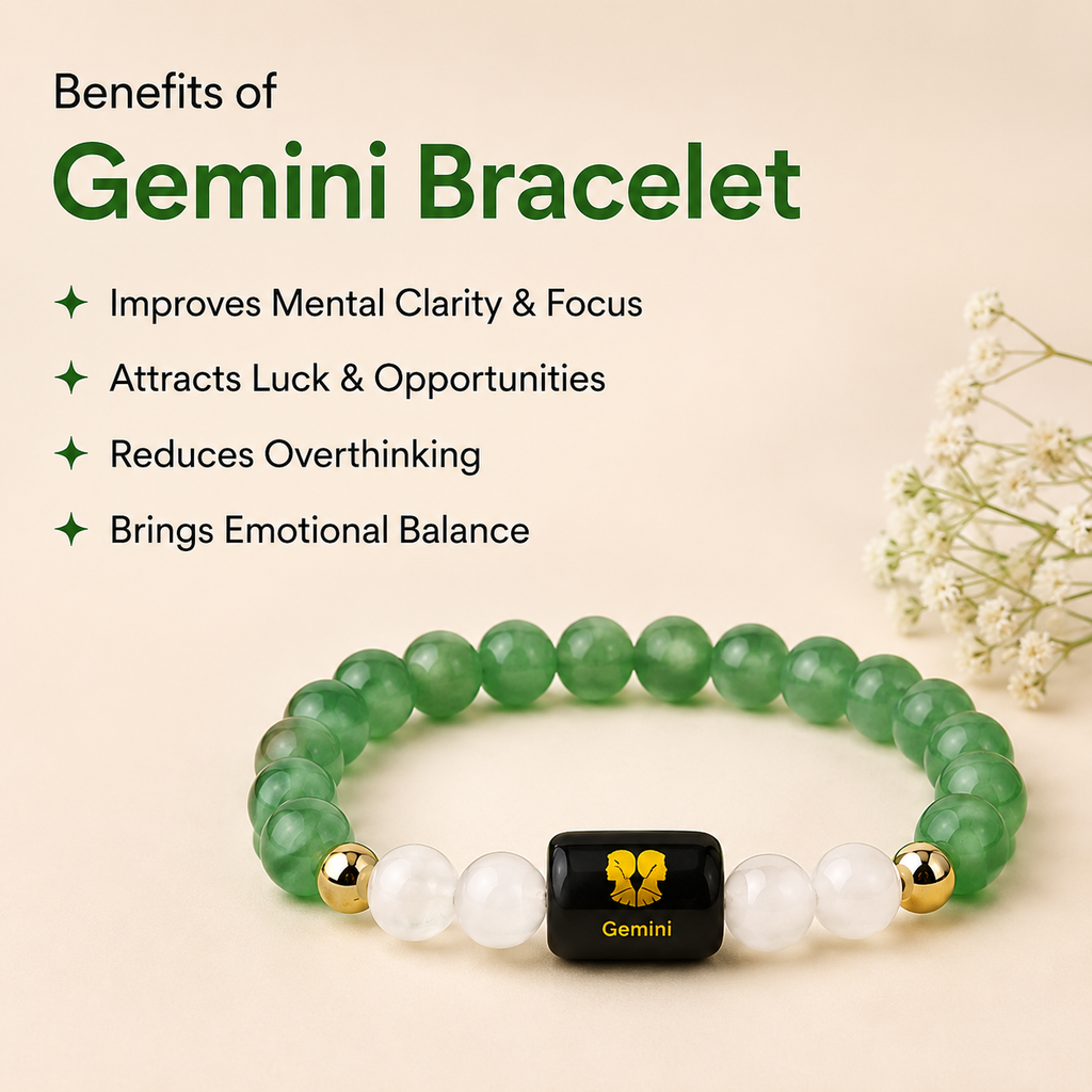 Gemini (मिथुन राशि) Zodiac Green Aventurine & Milky Quartz Bracelet || 𝟮𝟭 𝗠𝗮𝘆 – 𝟮𝟬 𝗝𝘂𝗻 ||