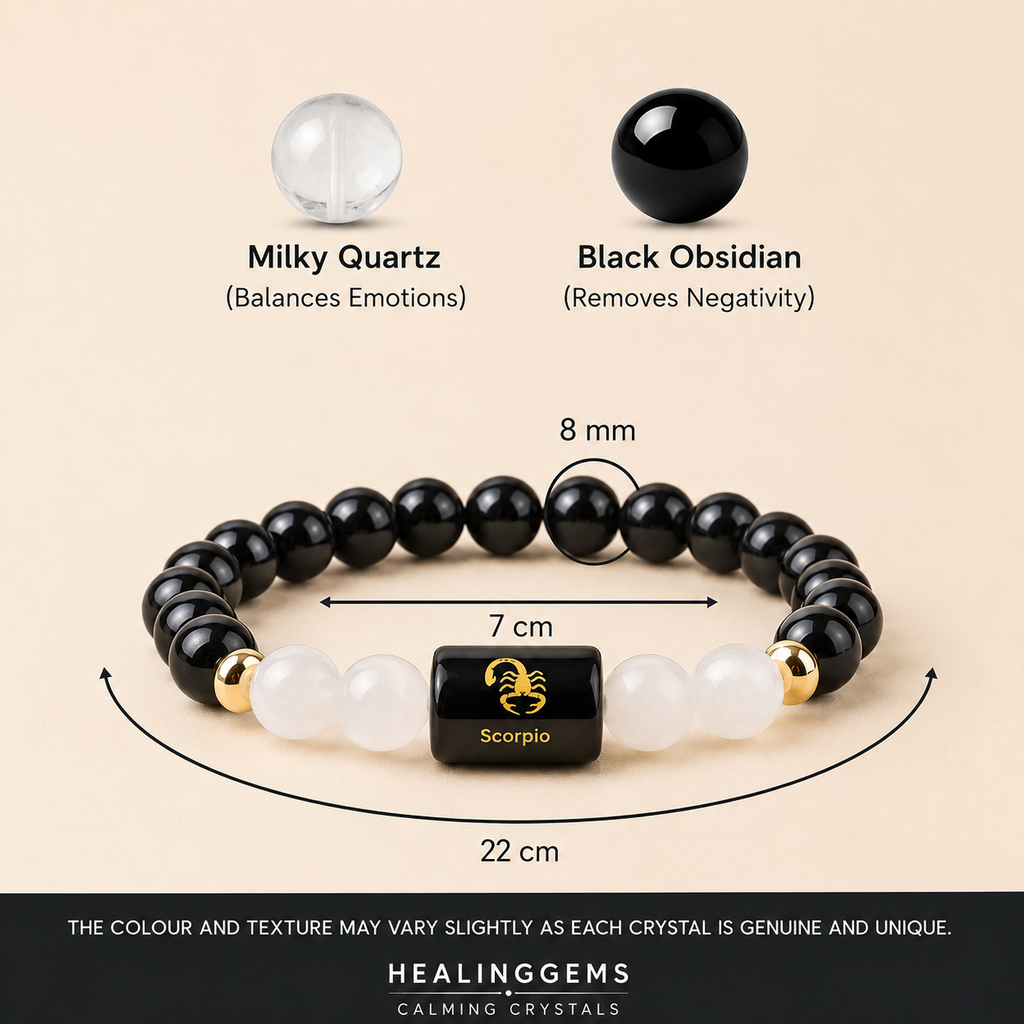 Scorpio (वृश्चिक राशि) Zodiac Black Obsidian & Milky Quartz Bracelet || 𝟮𝟯 𝗢𝗰𝘁 – 𝟮𝟭 𝗡𝗼𝘃 ||