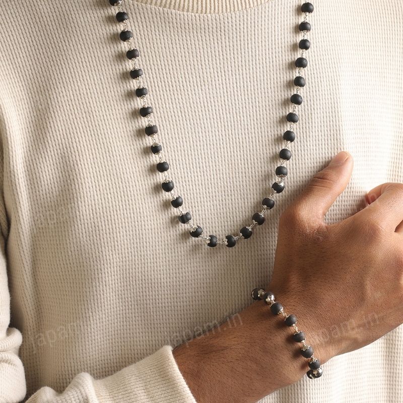 Silver Plated Karungali Mala & Bracelet Combo for Men – Energy, Protection & Style