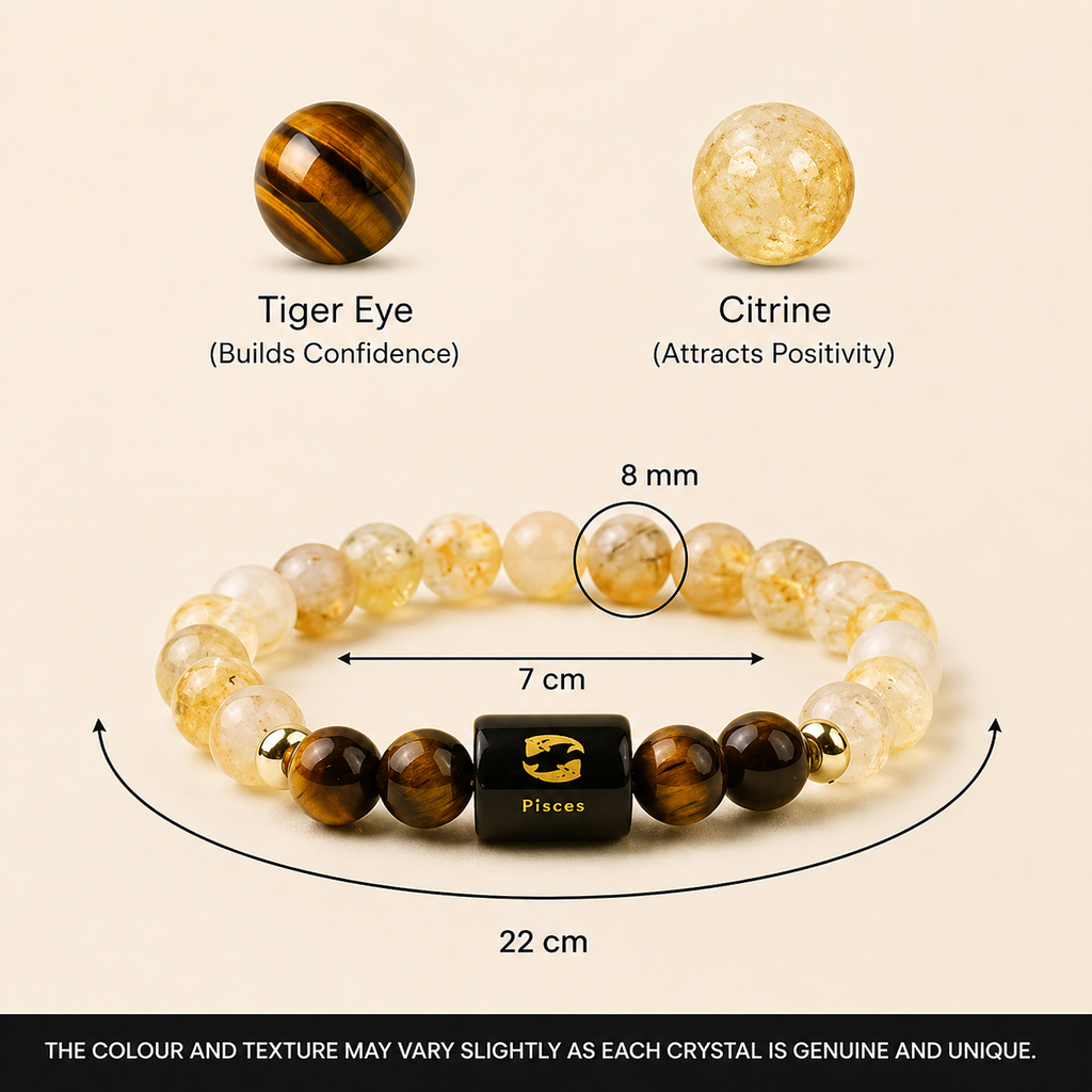 Pisces (मीन राशि) Zodiac Citrine & Tiger Eye Bracelet || 𝟭𝟵 𝗙𝗲𝗯 – 𝟮𝟬 𝗠𝗮𝗿 ||