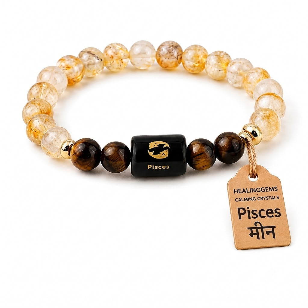 Pisces (मीन राशि) Zodiac Citrine & Tiger Eye Bracelet || 𝟭𝟵 𝗙𝗲𝗯 – 𝟮𝟬 𝗠𝗮𝗿 ||