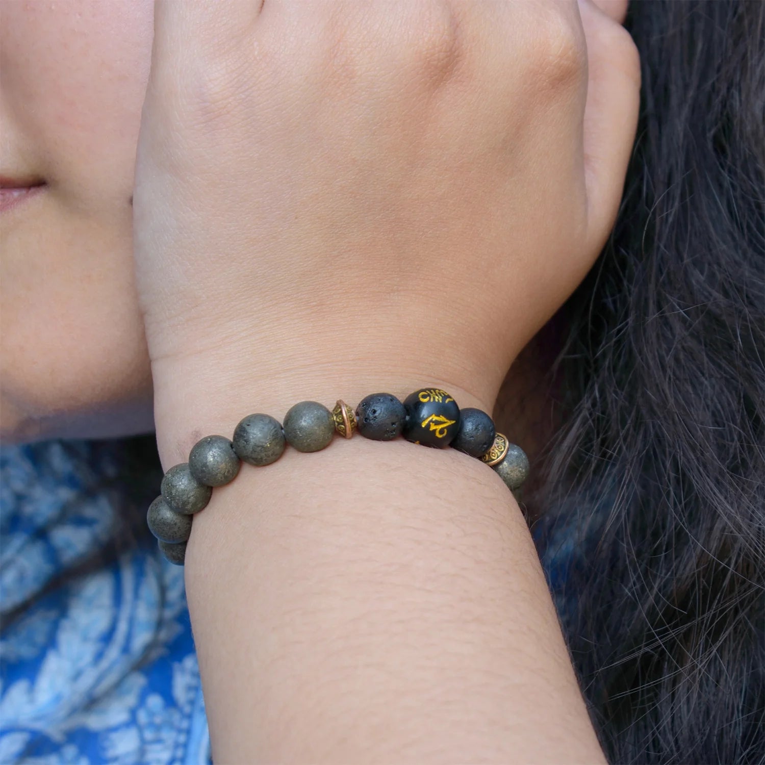 Raw Pyrite Bracelet with Buddha Mantra
