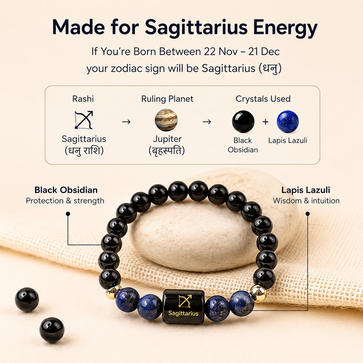 Sagittarius (धनु राशि) Zodiac Black Obsidian & Lapis Lazuli Bracelet || 𝟮𝟮 𝗡𝗼𝘃 – 𝟮𝟭 𝗗𝗲𝗰 ||