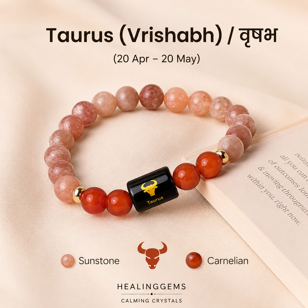 Taurus (वृषभ राशि) Zodiac Sunstone & Carnelian Bracelet || 𝟮𝟬 𝗔𝗽𝗿 – 𝟮𝟬 𝗠𝗮𝘆 ||