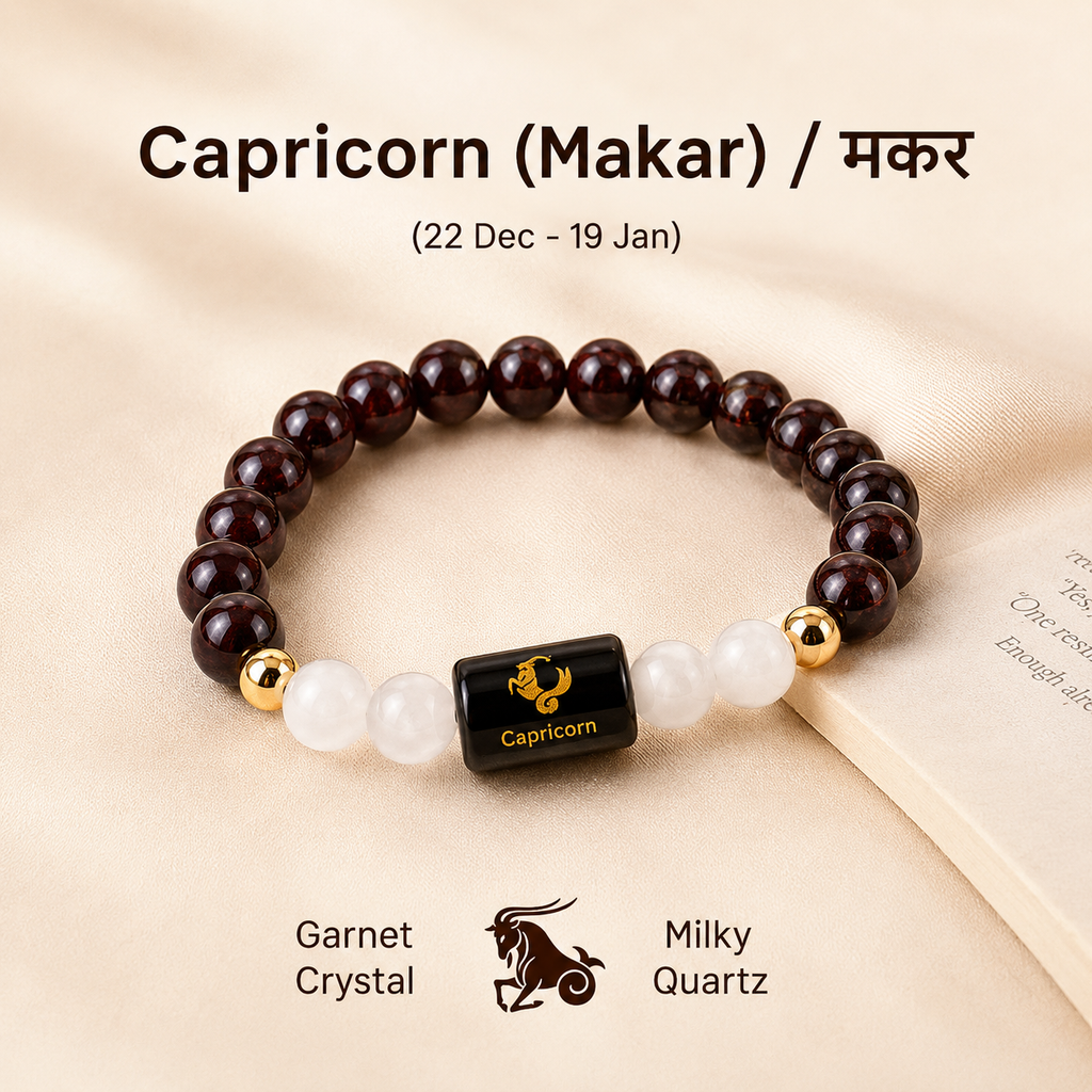 Capricorn (मकर राशि) Zodiac Garnet & Milky Quartz Bracelet || 𝟮𝟮 𝗗𝗲𝗰 – 𝟭𝟵 𝗝𝗮𝗻 ||