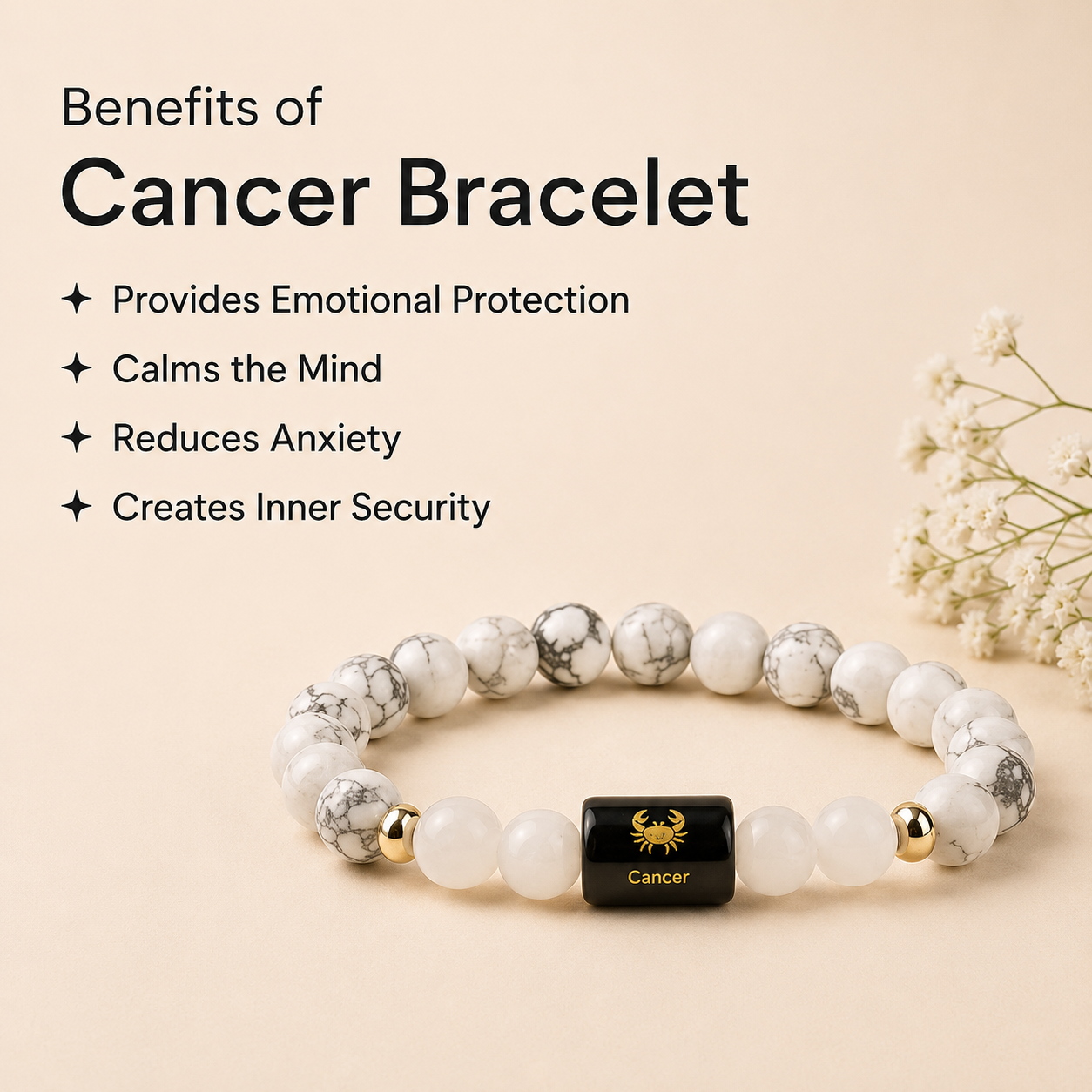 Cancer (कर्क राशि) Zodiac Howlite & Milky Quartz Bracelet || 𝟮𝟭 𝗝𝘂𝗻 – 𝟮𝟮 𝗝𝘂𝗹 ||