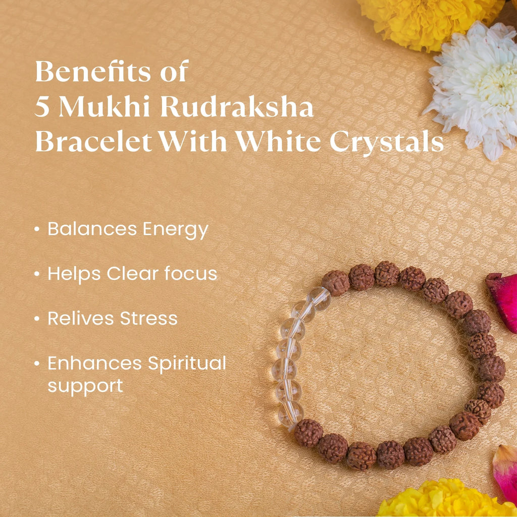 5 Mukhi Rudraksha Bracelet With White Crystals