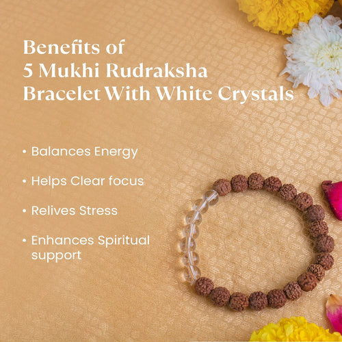 5 Mukhi Rudraksha Bracelet With White Crystals