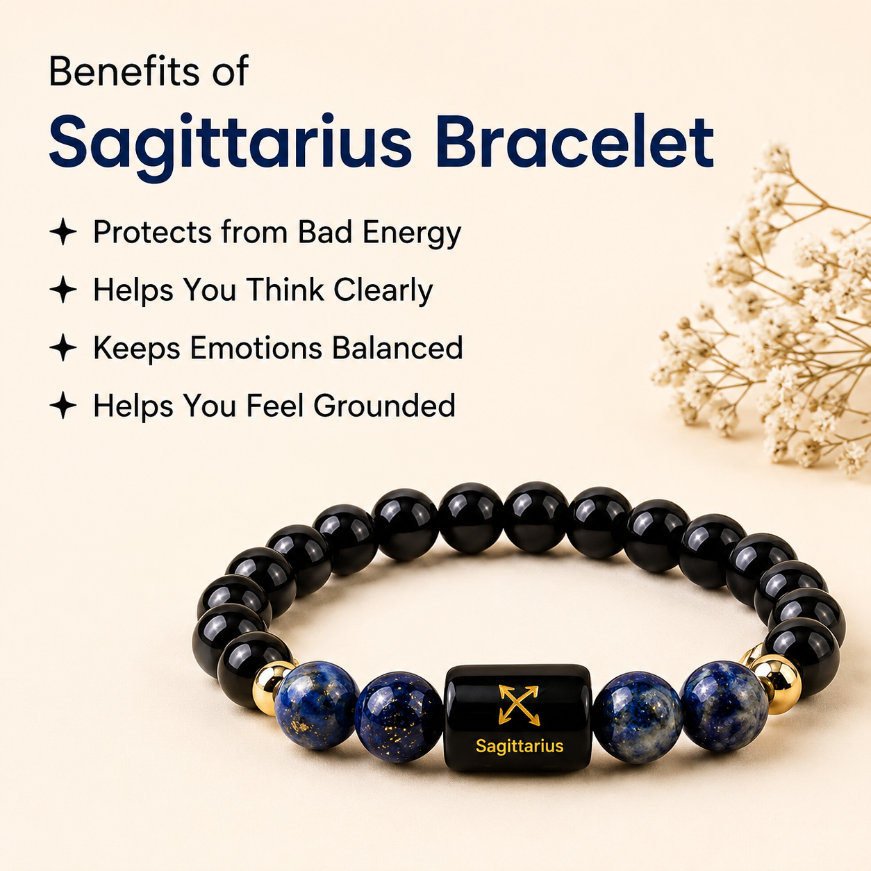 Sagittarius (धनु राशि) Zodiac Black Obsidian & Lapis Lazuli Bracelet || 𝟮𝟮 𝗡𝗼𝘃 – 𝟮𝟭 𝗗𝗲𝗰 ||