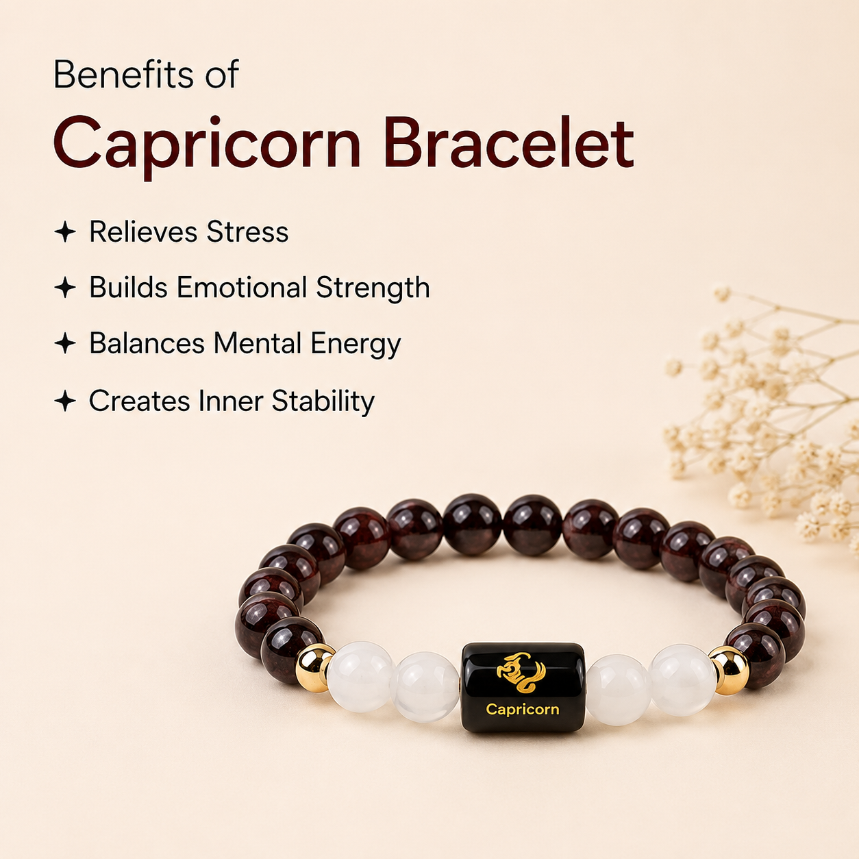Capricorn (मकर राशि) Zodiac Garnet & Milky Quartz Bracelet || 𝟮𝟮 𝗗𝗲𝗰 – 𝟭𝟵 𝗝𝗮𝗻 ||