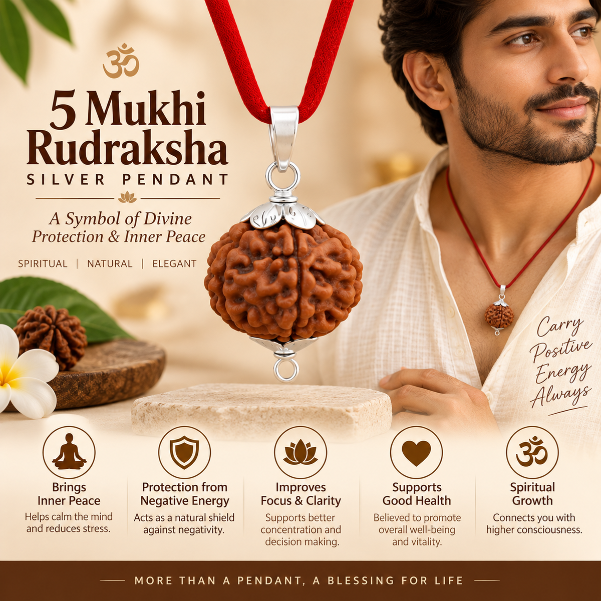 5 Mukhi Rudraksha Pure Silver Pendant | Original Five Faced Rudraksha | Lab Certified
