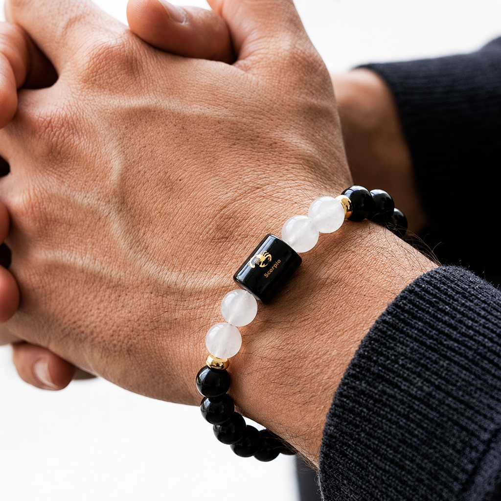 Scorpio (वृश्चिक राशि) Zodiac Black Obsidian & Milky Quartz Bracelet || 𝟮𝟯 𝗢𝗰𝘁 – 𝟮𝟭 𝗡𝗼𝘃 ||