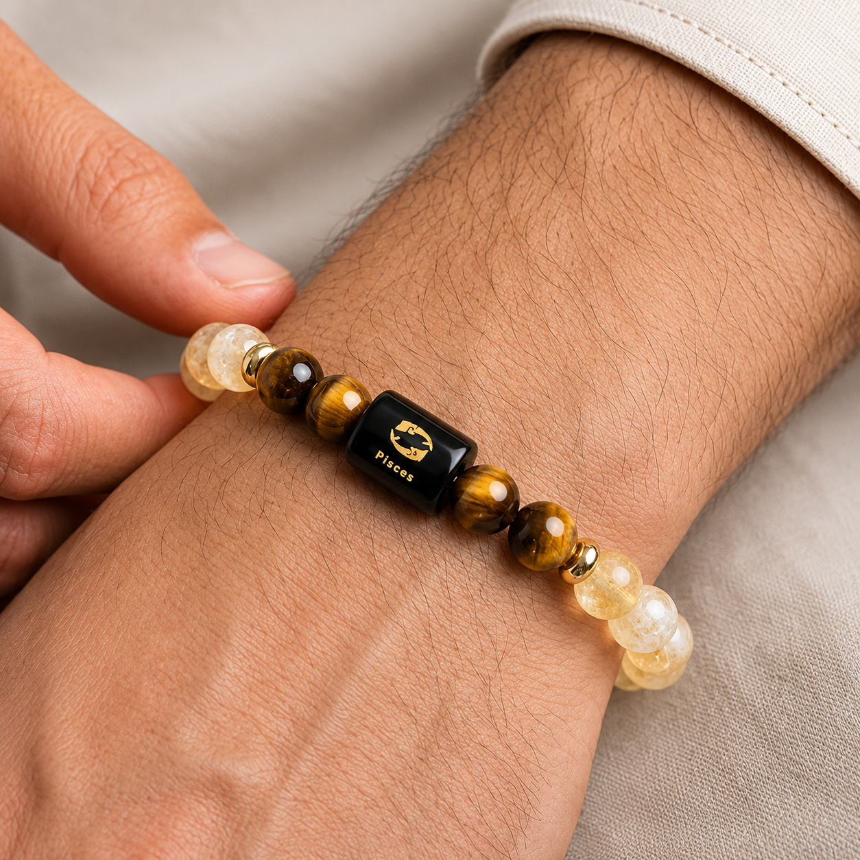 Pisces (मीन राशि) Zodiac Citrine & Tiger Eye Bracelet || 𝟭𝟵 𝗙𝗲𝗯 – 𝟮𝟬 𝗠𝗮𝗿 ||