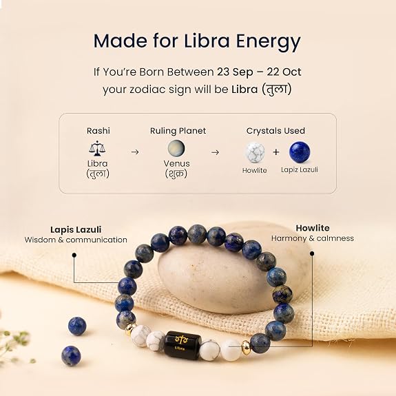 Libra (तुला राशि) Zodiac Lapis Lazuli & Howlite Bracelet || 𝟮𝟯 𝗦𝗲𝗽 – 𝟮𝟮 𝗢𝗰𝘁 ||