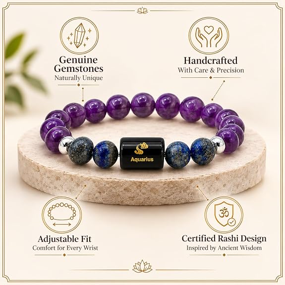 Aquarius (कुंभ राशि) Zodiac Amethyst & Lapis Lazuli Bracelet || 𝟮𝟬 𝗝𝗮𝗻 – 𝟭𝟴 𝗙𝗲𝗯 ||