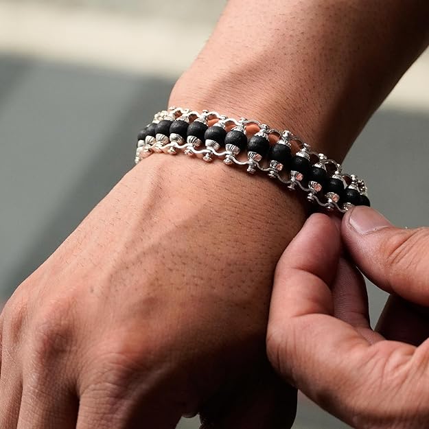 Silver Plated Karungali Modern Bracelet - Natural Ebony Wood