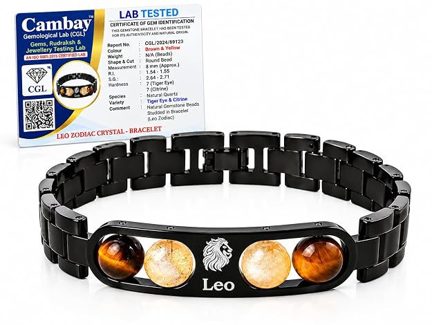 Leo Zodiac Bracelet for Men & Women | Black Metal Bracelet with Tiger Eye & Citrine Beads | Leo Astrology Jewelry