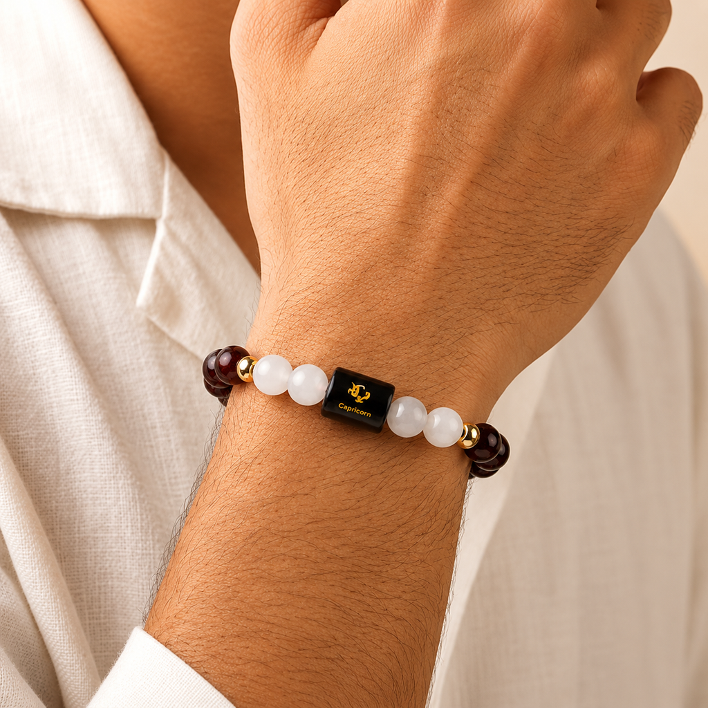 Capricorn (मकर राशि) Zodiac Garnet & Milky Quartz Bracelet || 𝟮𝟮 𝗗𝗲𝗰 – 𝟭𝟵 𝗝𝗮𝗻 ||