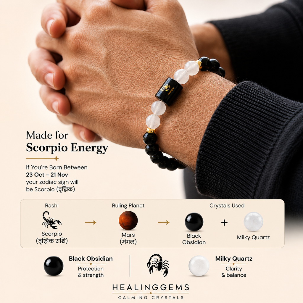 Scorpio (वृश्चिक राशि) Zodiac Black Obsidian & Milky Quartz Bracelet || 𝟮𝟯 𝗢𝗰𝘁 – 𝟮𝟭 𝗡𝗼𝘃 ||