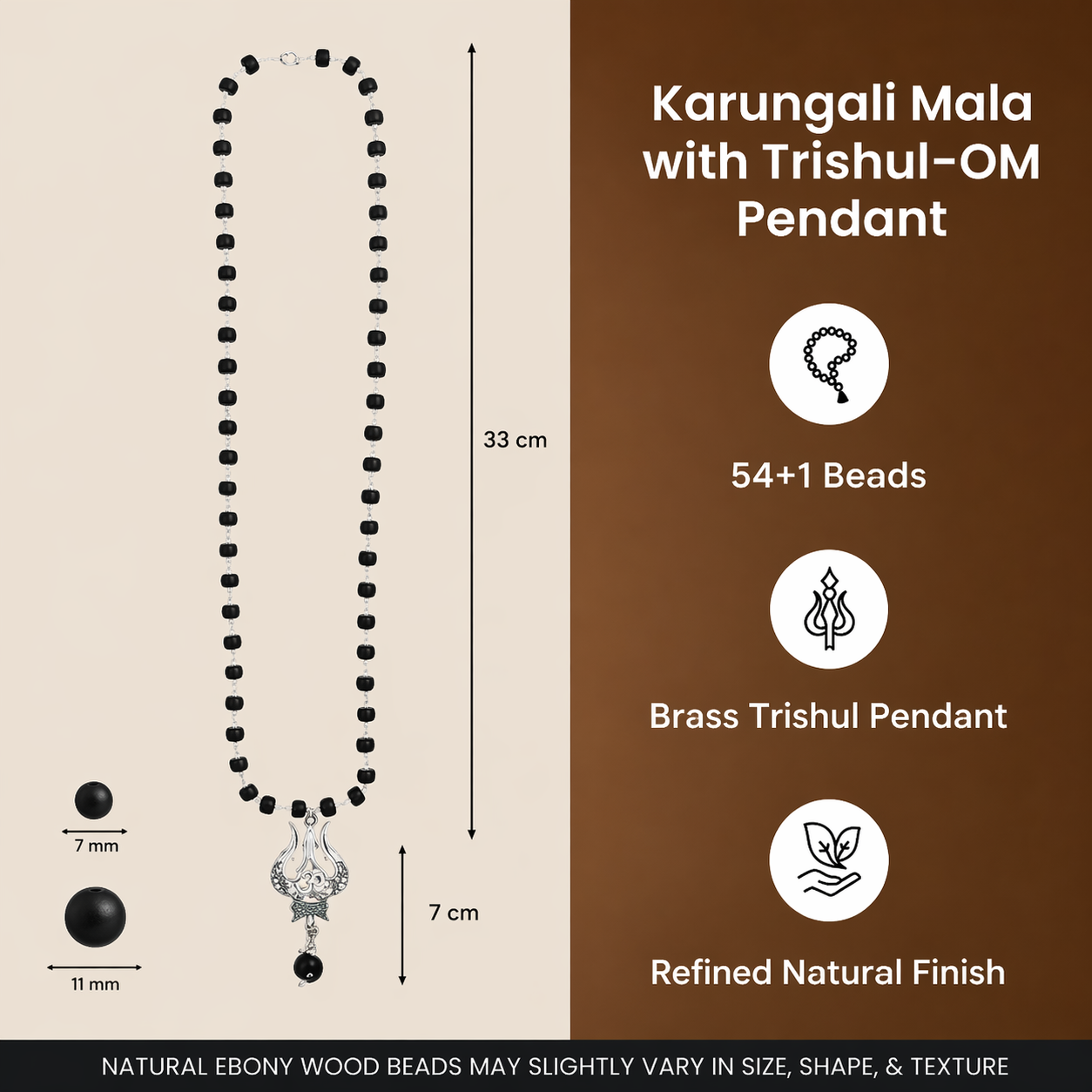Silver Capped Karungali Malai with Om Trishul Pendant | HealingGems