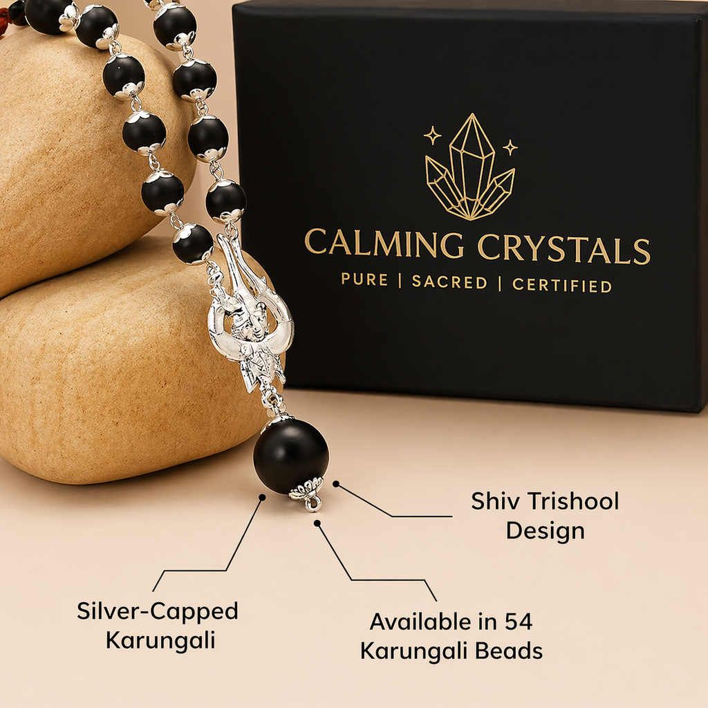 Silver Capped Karungali Malai with Om Trishul Pendant | HealingGems