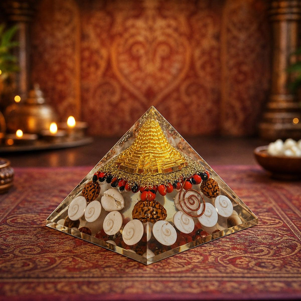 Gomti Chakra Laxmi Pyramid with Shree Yantra, Rudraksha & White Kaudi for Vastu Decor, Home Temple & Diwali Gifting