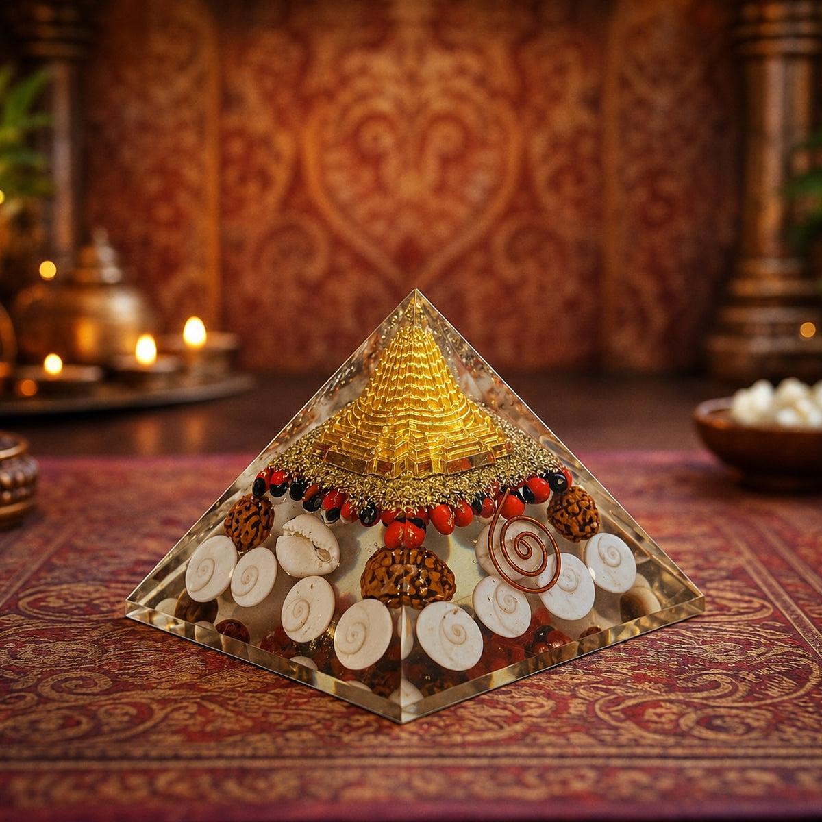 Gomti Chakra Laxmi Pyramid with Shree Yantra, Rudraksha & White Kaudi for Vastu Decor, Home Temple & Diwali Gifting