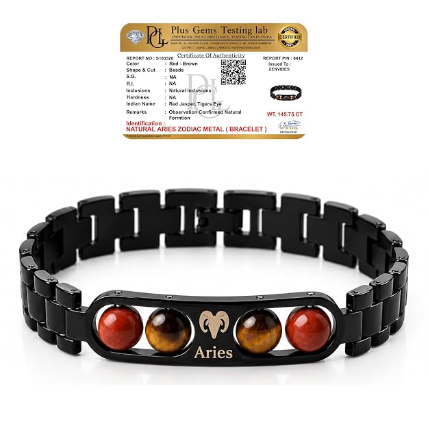 Aries Zodiac Black Metal Bracelet for Men & Women | Red Jasper & Tiger Eye Style
