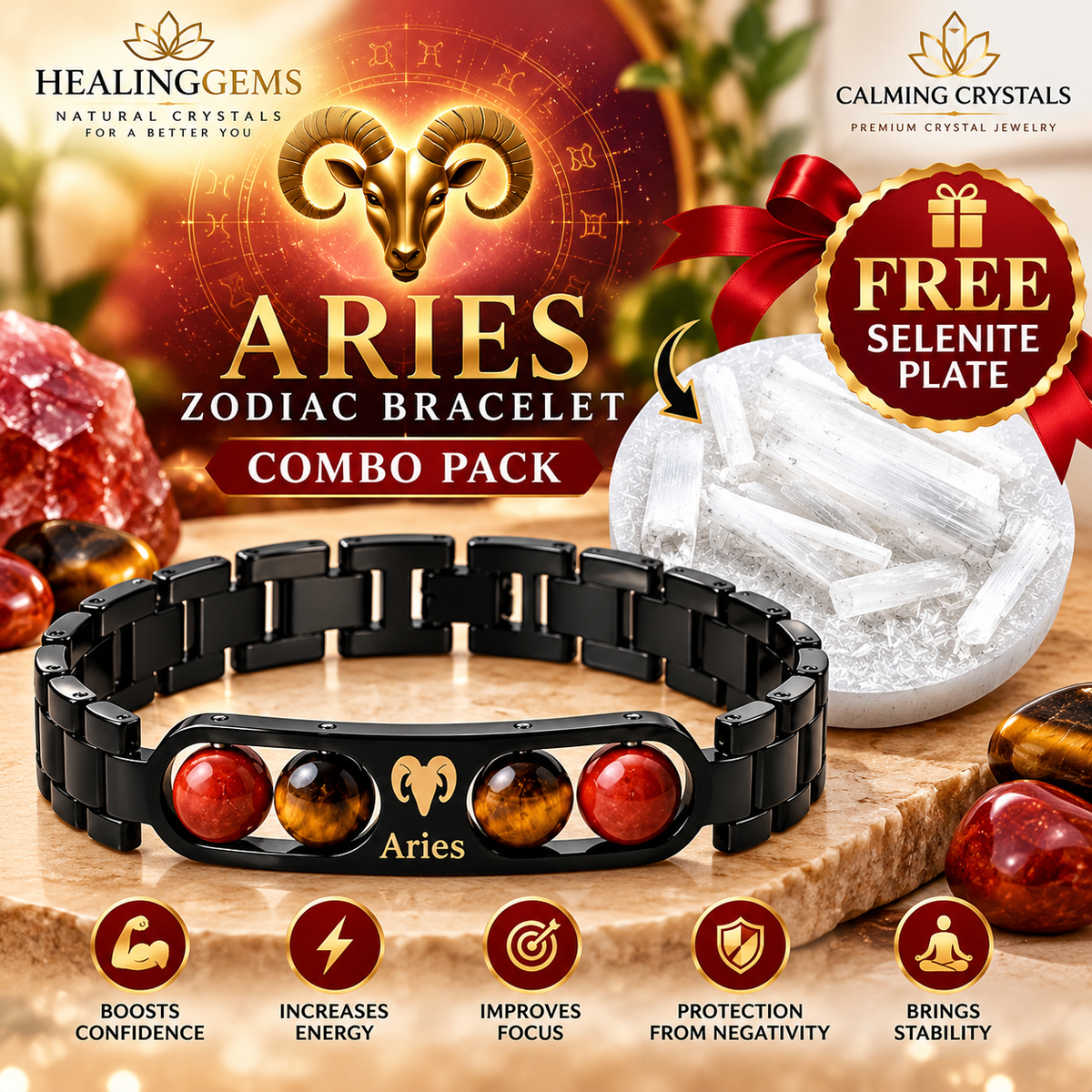 Aries Zodiac Black Metal Bracelet for Men & Women | Red Jasper & Tiger Eye Style