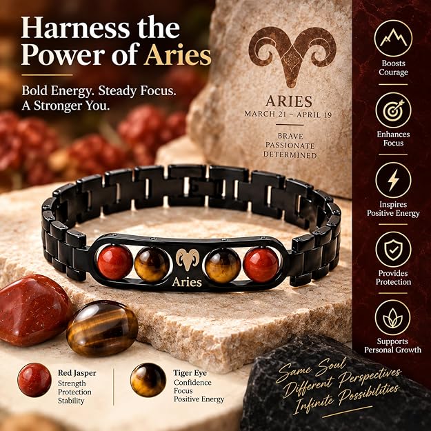 Aries Zodiac Black Metal Bracelet for Men & Women | Red Jasper & Tiger Eye Style