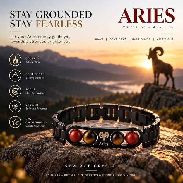Aries Zodiac Black Metal Bracelet for Men & Women | Red Jasper & Tiger Eye Style