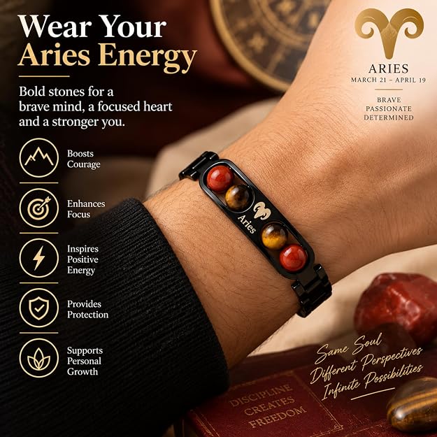 Aries Zodiac Black Metal Bracelet for Men & Women | Red Jasper & Tiger Eye Style