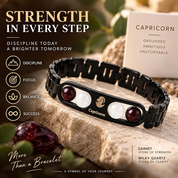 Black Metal Capricorn Zodiac Bracelet with Natural Stones  Adjustable Style Astrology Jewellery