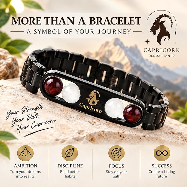 Black Metal Capricorn Zodiac Bracelet with Natural Stones  Adjustable Style Astrology Jewellery