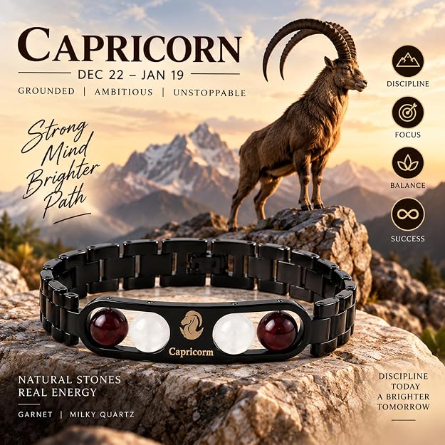 Black Metal Capricorn Zodiac Bracelet with Natural Stones  Adjustable Style Astrology Jewellery