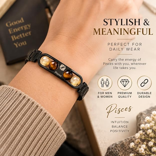 Black Metal Pisces Zodiac Bracelet for Men & Women | Stylish Astrology Sign Jewelry