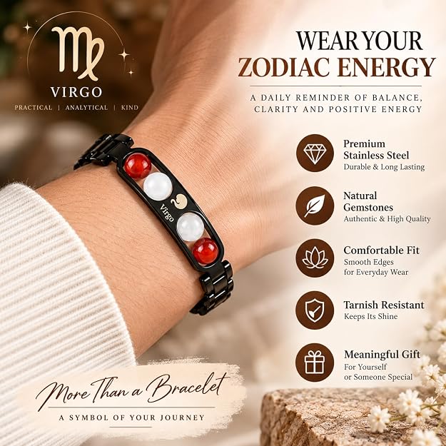 Black Metal Virgo Zodiac Bracelet for Men & Women | Minimalist Astrology Sign Bracelet | Stylish Black Stainless Steel Jewelry Gift