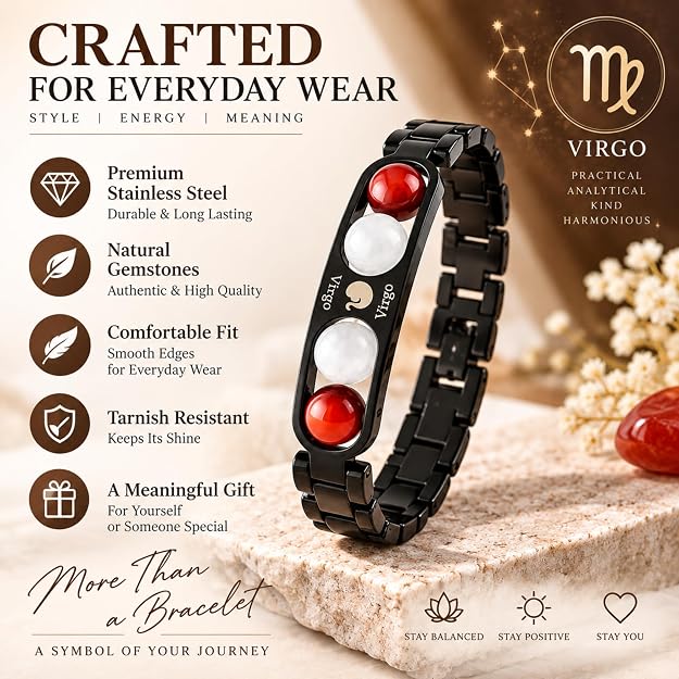 Black Metal Virgo Zodiac Bracelet for Men & Women | Minimalist Astrology Sign Bracelet | Stylish Black Stainless Steel Jewelry Gift