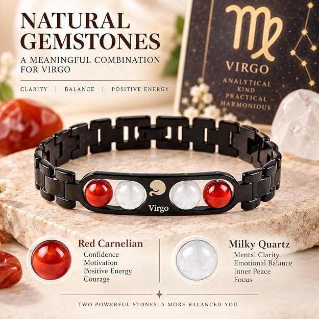 Black Metal Virgo Zodiac Bracelet for Men & Women | Minimalist Astrology Sign Bracelet | Stylish Black Stainless Steel Jewelry Gift
