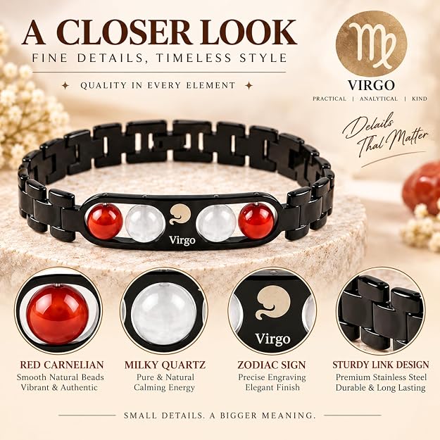 Black Metal Virgo Zodiac Bracelet for Men & Women | Minimalist Astrology Sign Bracelet | Stylish Black Stainless Steel Jewelry Gift