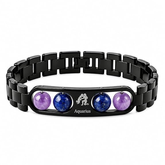 Black Metal Aquarius Zodiac Bracelet Combo Pack with Free Selenite Plate Gift for Men & Women