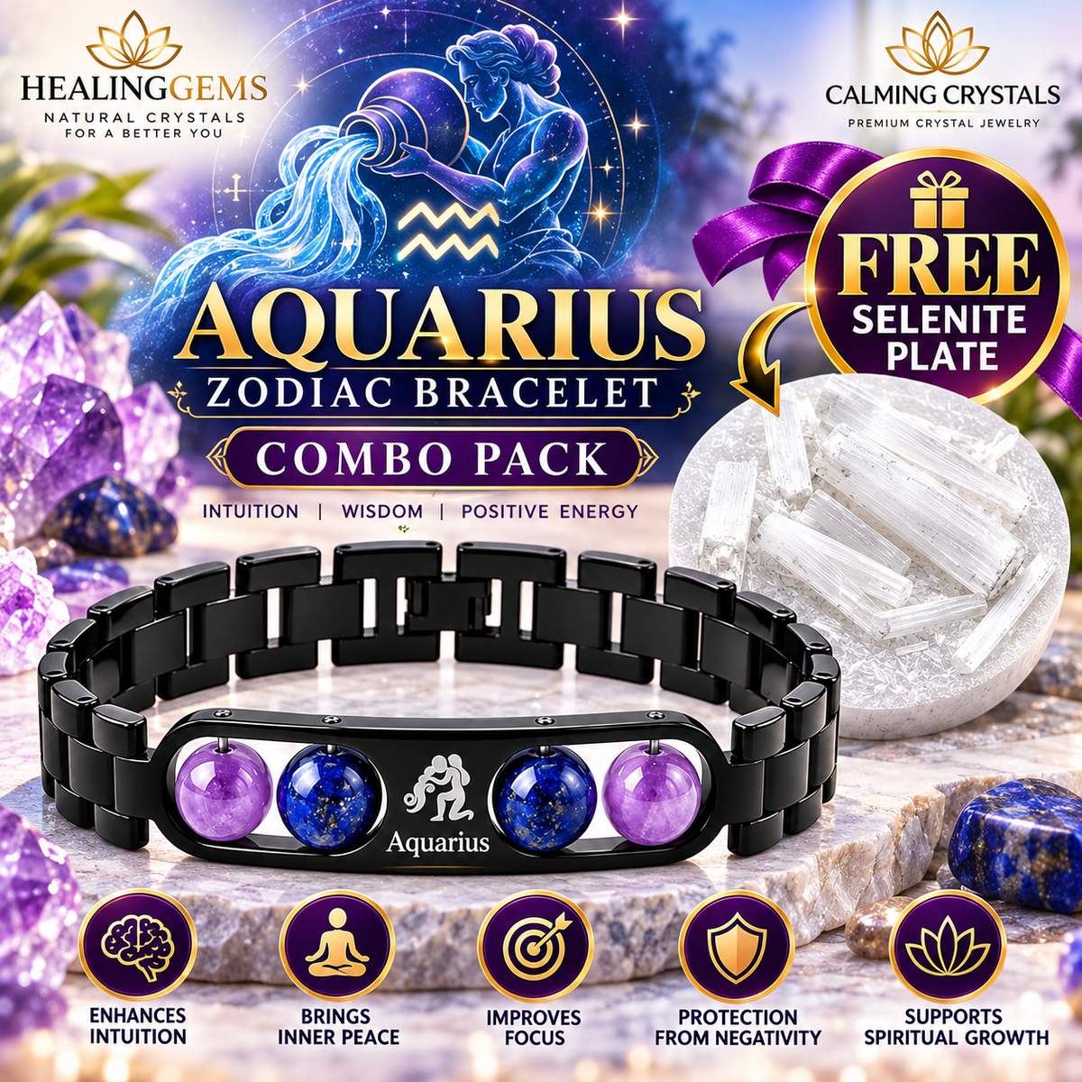 Black Metal Aquarius Zodiac Bracelet Combo Pack with Free Selenite Plate Gift for Men & Women