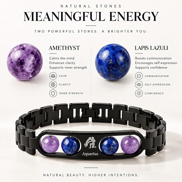 Black Metal Aquarius Zodiac Bracelet Combo Pack with Free Selenite Plate Gift for Men & Women