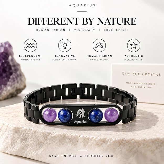 Black Metal Aquarius Zodiac Bracelet Combo Pack with Free Selenite Plate Gift for Men & Women