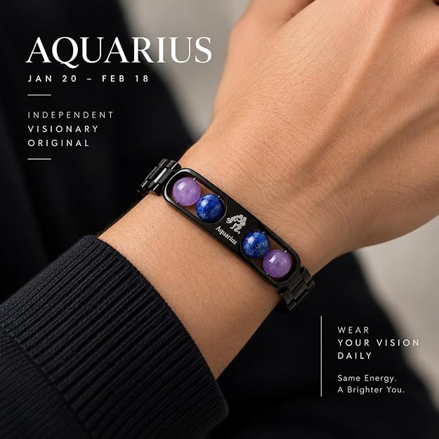 Black Metal Aquarius Zodiac Bracelet Combo Pack with Free Selenite Plate Gift for Men & Women